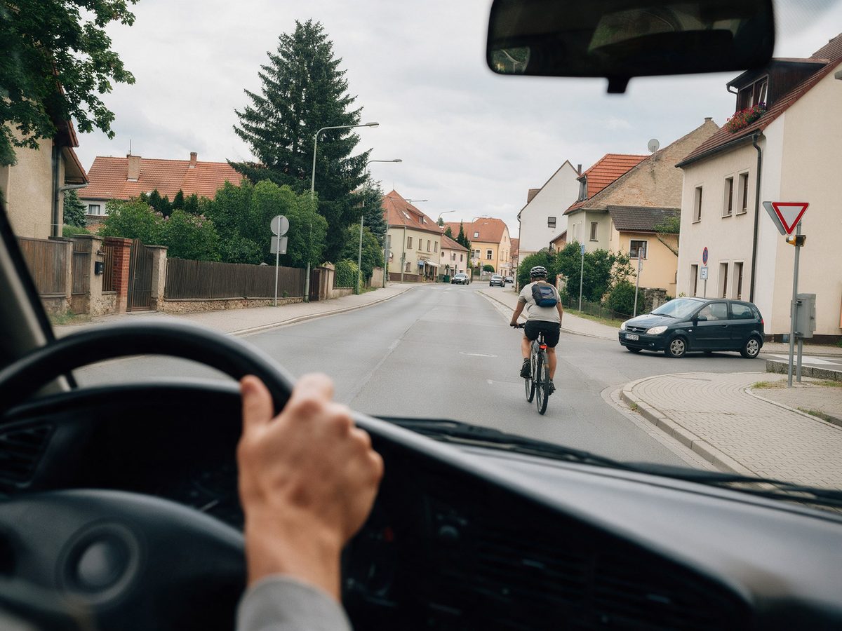Pohľad z auta na cyklistu a auto vychádzajúce z vedľajšej ulice