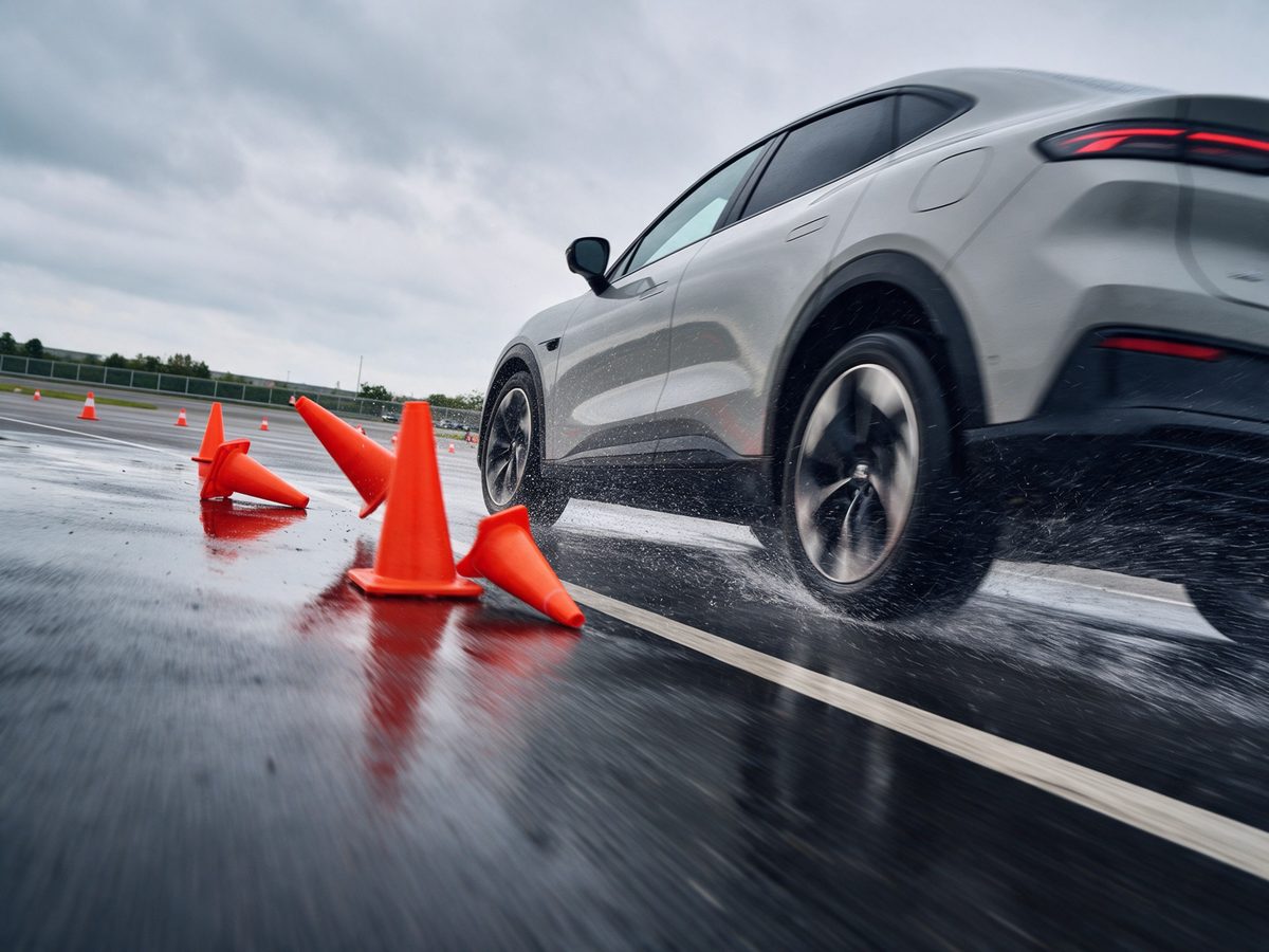 Auto sa vyhýba kužeľom na mokrej ceste