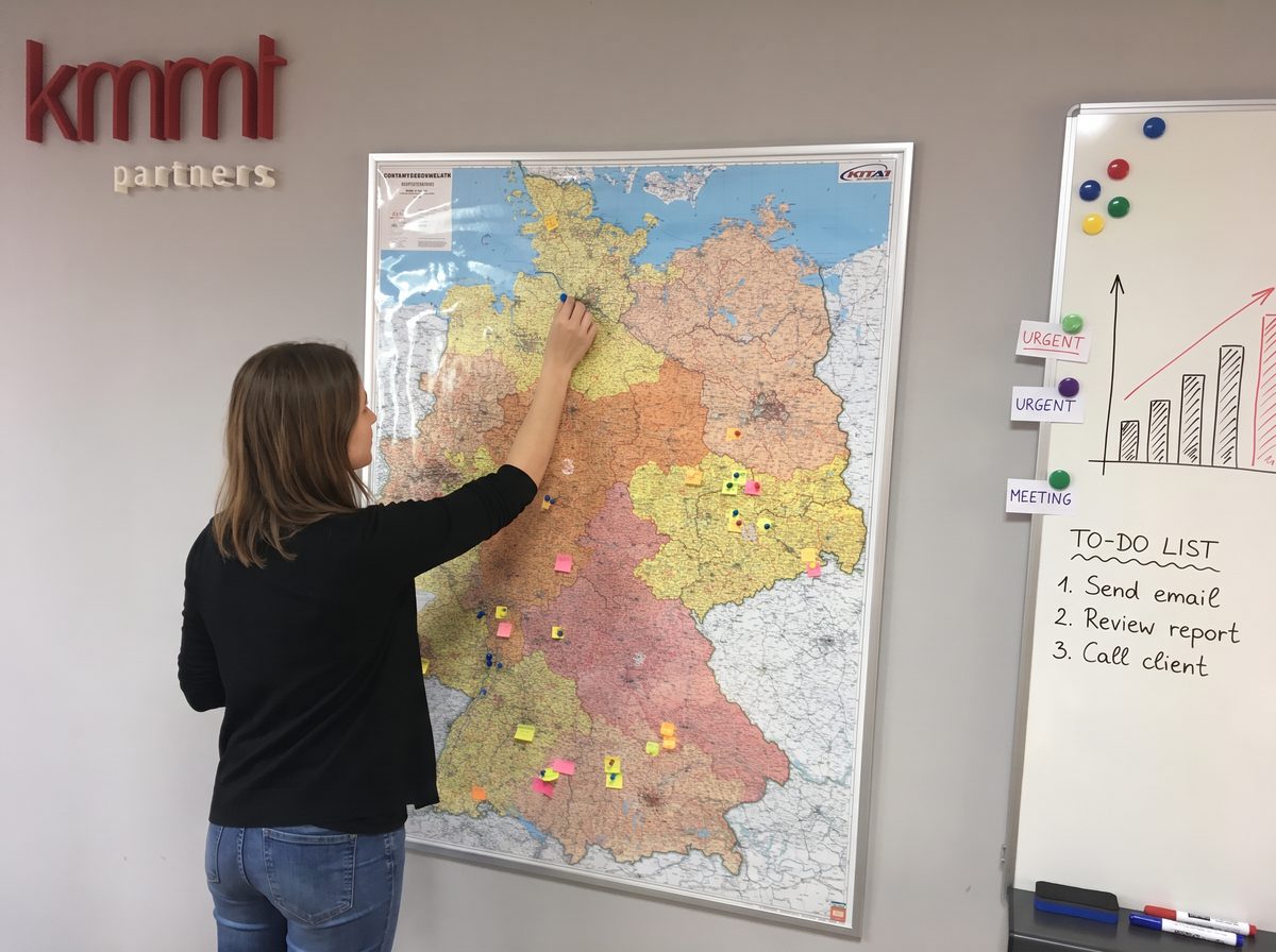 Nástenka s mapou Nemecka a klientmi agentúry v kancelárii KMMT partners