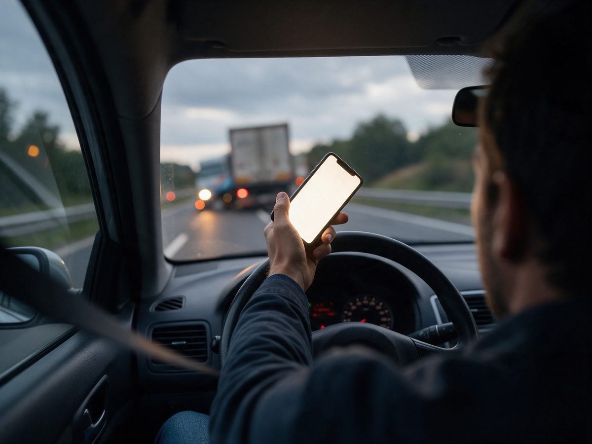 Vodič drží za jazdy mobil, pred ním stojí kamión