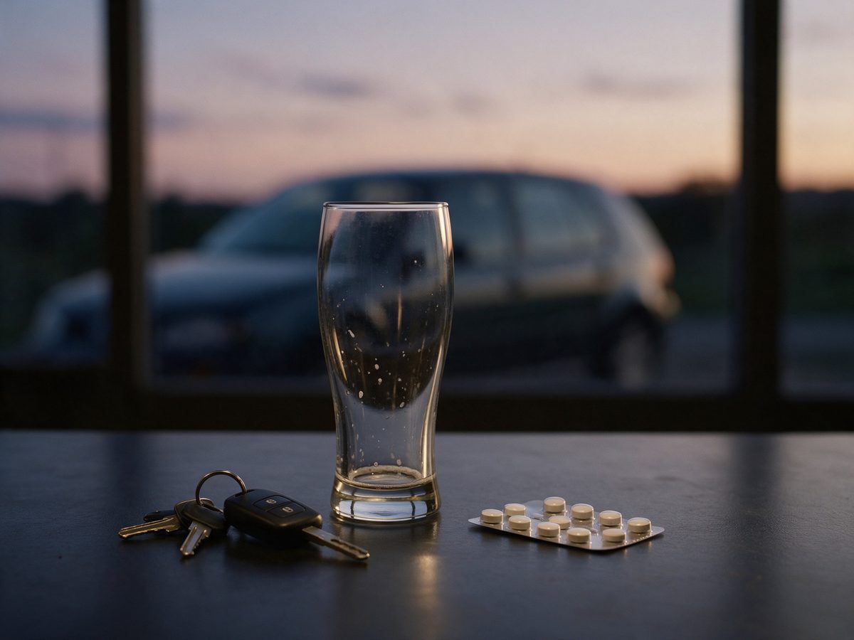Kľúče od auta vedľa prázdneho pohára a tabletiek